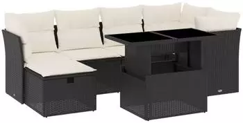 vidaXL Garten-Sofagarnitur 7-tlg. mit Kissen, schwarz, Polyrattan (3274656)