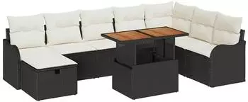 vidaXL Gartensofa-Set mit Kissen, 9-tlg., schwarz, Poly-Rattan (3359953)