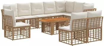 vidaXL Gartensofa-Set 11-tlg. Poly-Rattan, natur/cremewei&szlig; (3437876)
