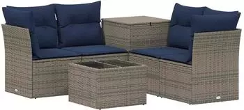 vidaXL Sofa-Set 6-tlg. Polyrattan und Stahl, grau und marineblau (3447351)