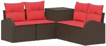 vidaXL Gartensofa-Set 5-teilig, braun/rot, Polyrattan & Stahl (3447777)
