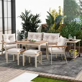Stilvora Gartenlounge-Set 6-7-Sitzer, Akazienholz/Metall, beige, mit Servierwagen