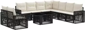 vidaXL Gartensofa-Set 10-tlg. Poly-Rattan, schwarz/cremewei&szlig; (3436810)