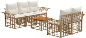 vidaXL Outdoor-Sofagarnitur 6-tlg. Poly-Rattan, natur/cremewei&szlig; (3437642)