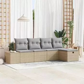 vidaXL Garten-Sofa-Set mit Kissen, 5-tlg., beige, Poly-Rattan (3359359)