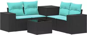 vidaXL Garten-Sofa-Set 6-teilig, Polyrattan und Stahl, schwarz und blau (3447552)