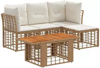 vidaXL Gartensofa-Set 5-tlg. Poly-Rattan, natur/cremeweiß (3437858)