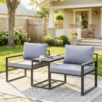 Outsunny Balkonm&ouml;bel-Set 3-teilig, 2 Sessel mit Tisch, Stahl, grau