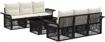 vidaXL Gartensofa-Set 7-tlg. Poly-Rattan schwarz/cremewei&szlig; (3436594)
