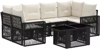 vidaXL Gartensofa-Set 7-tlg. Poly-Rattan schwarz/cremewei&szlig; (3436750)