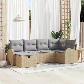 vidaXL Sofa-Set 6-teilig, Poly-Rattan, beige/hellgrau (3359079)