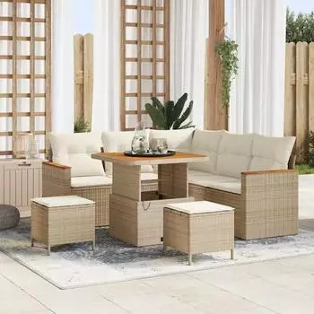 vidaXL Gartensofa-Set mit Kissen, 8-tlg., Poly-Rattan/Akazie, beige (3363041)
