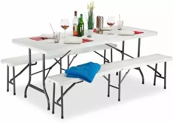 Relaxdays Bierzeltgarnitur klappbar, Kunststoff/Metall, weiß, 3-teilig