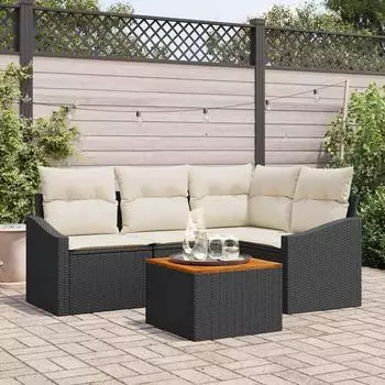 vidaXL Garten-Sofa-Set mit Kissen, 5-tlg., Poly Rattan, schwarz (3347824)