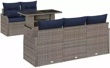 vidaXL Gartenlounge-Set 6-tlg. Poly-Rattan, grau und marineblau