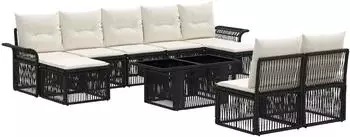 vidaXL Gartensofa-Set 10-tlg. Poly-Rattan, schwarz/cremewei&szlig; (3436690)