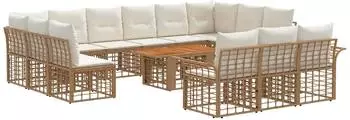 vidaXL Gartensofa-Set 14-tlg. Poly-Rattan, natur/cremewei&szlig; (3438026)