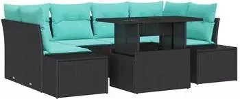 vidaXL Sofa-Set 7-teilig, 6-Sitzer, schwarz/blau, Poly-Rattan (3349122)