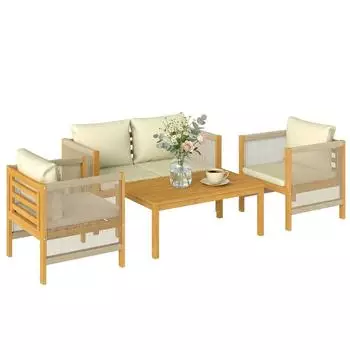 Outsunny Gartenmöbel-Set Akazienholz 4-Sitzer Seilflecht, beige