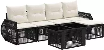 vidaXL Gartensofa-Set 6-tlg. Poly-Rattan schwarz/cremewei&szlig; (3436936)