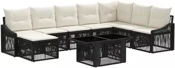 vidaXL Gartensofa-Set 9-tlg. Poly-Rattan, schwarz/cremewei&szlig; (3437293)