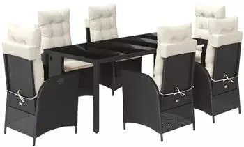 vidaXL Garten-Essgruppe mit Kissen, 7-tlg., Poly Rattan, schwarz (3213064)