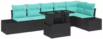 vidaXL Garten-Sofa-Set 7-tlg. 6-Sitzer Poly-Rattan schwarz/blau (3349202)