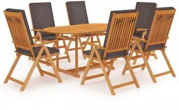vidaXL Garten-Essgruppe 7-tlg., Massivholz Teak, graue Kissen (3059530)