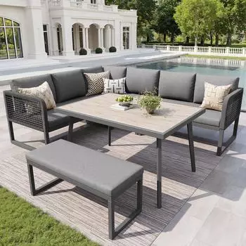 OKWISH Gartenlounge-Set PE-Rattan grau mit Kissen, 5-teilig