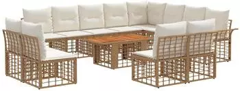 vidaXL Gartensofa-Set 13-tlg. Poly-Rattan, natur/cremewei&szlig; (3438028)