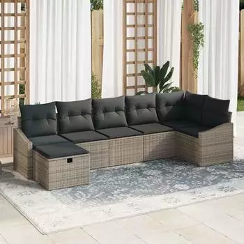 vidaXL Gartenlounge-Set 7-tlg. grau Poly-Rattan (3359298)