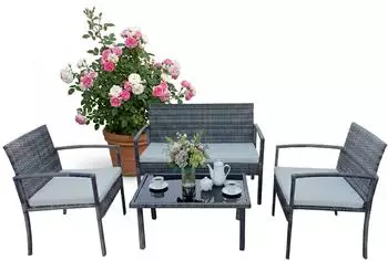 Relaxdays Gartenlounge-Set 4-teilig, Polyrattan, grau-creme