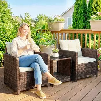 Outsunny Rattan Bistroset 3-teilig, 2 Sessel, 2-Ebene Glastisch, cremewei&szlig;