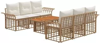 vidaXL Gartensofa-Set 7-tlg. Poly-Rattan, natur/cremewei&szlig; (3437950)