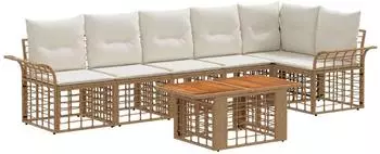 vidaXL Gartensofa-Set 7-tlg. Poly-Rattan, natur/cremewei&szlig; (3437980)