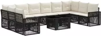 vidaXL Gartensofa-Set 11-tlg. Poly-Rattan schwarz/cremewei&szlig; (3436840)