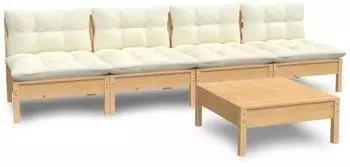 vidaXL Garten-Lounge-Set 5-tlg. Kiefernholz, cremefarbene Kissen (3096130)
