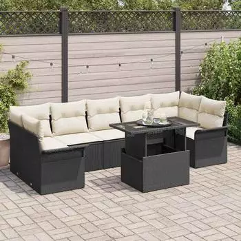vidaXL Garten-Sofa-Set mit Kissen, 8-tlg., schwarz, Polyrattan (3348233)