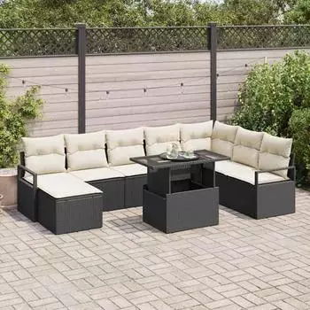 vidaXL Garten-Sofa-Set mit Kissen, 9-teilig, schwarz/creme, Poly Rattan (3348873)