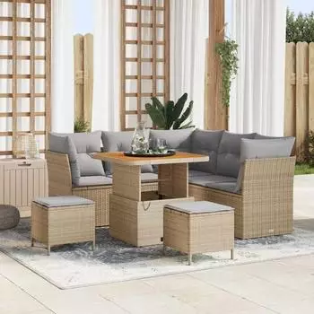 vidaXL Garten-Sofa-Set 8-teilig, Poly-Rattan/Akazie, beige/hellgrau (3363432)
