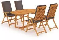 vidaXL 5-tlg. Garten-Essgruppe mit Grauen Kissen Massivholz Teak