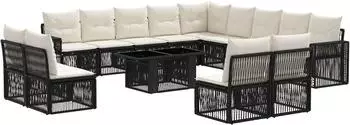 vidaXL Gartensofa-Set 14-tlg. Poly-Rattan, schwarz und cremewei&szlig; (3436867)