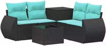 vidaXL Garten-Sofa-Set 6-tlg. Polyrattan und Stahl, schwarz/blau (3447501)