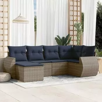 vidaXL Gartensofa-Set 6-teilig mit Kissen, grau, Polyrattan (3221660)
