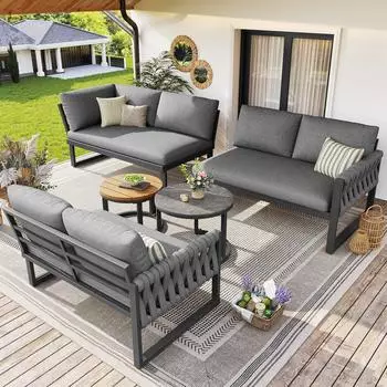 OKWISH Gartenlounge-Set 5-tlg., Olefin, grau, verstellbare Beine (800001569037)