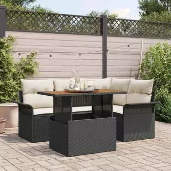 vidaXL Garten-Sofa-Set mit Kissen, 5-tlg., schwarz/creme, Poly Rattan/Akazie (3349326)