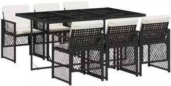 LuxusKollektion Garten-Essgruppe 7-teilig, Poly-Rattan, Glasplatte, schwarz (mit Kissen)