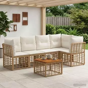 vidaXL Outdoor-Sofagarnitur 6-tlg. Polyester, natur/cremewei&szlig; (3437470)