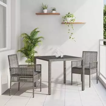 vidaXL Garten-Essgruppe 3-tlg. mit Kissen, grau, Poly-Rattan (3334871)