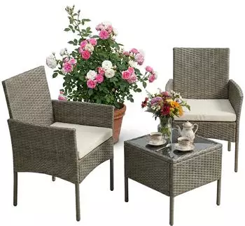 Relaxdays Balkon-Gartengarnitur 3-tlg., PE-Rattan/Glas, grau